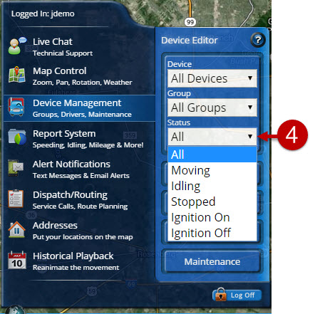 Select and view all vehicles, moving, idling, stopped or vehicles with their
ignition on or off
