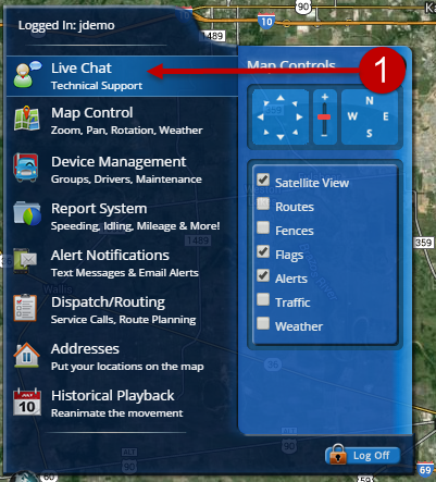 Live Chat with techincal support directly from the map screen
