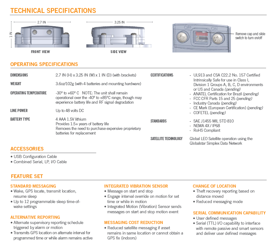 GlobalStar SmartOneC Specifications