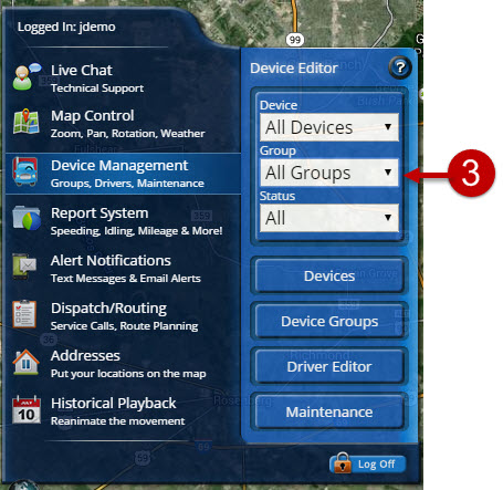 Shows all LiveViewGPS Live Trac devices that have been grouped, you can also create groups here.