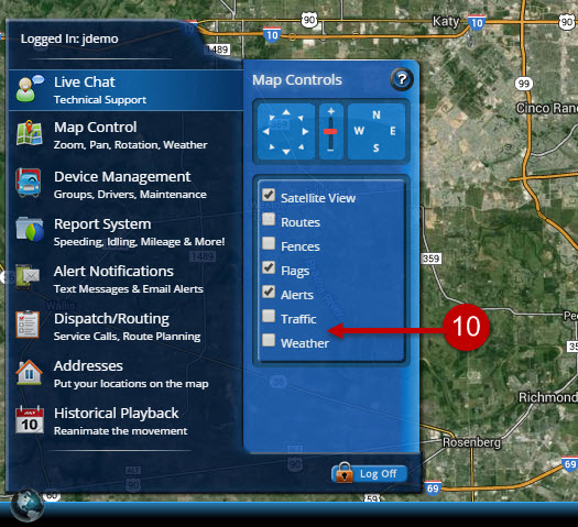 Shows live traffic and a weather overlay directly from NOAA