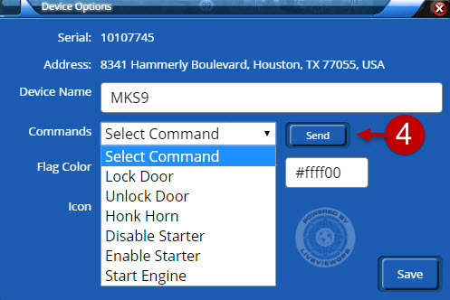 Send commands to the device, lock, unlock doors, honk horn, starter disable and more