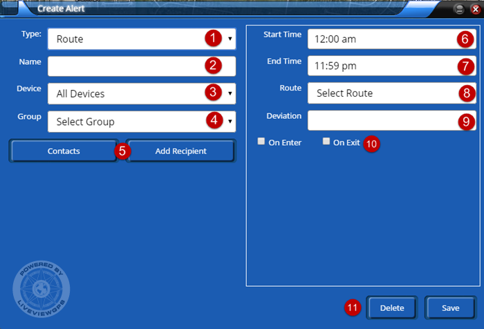 set route parameters for alert