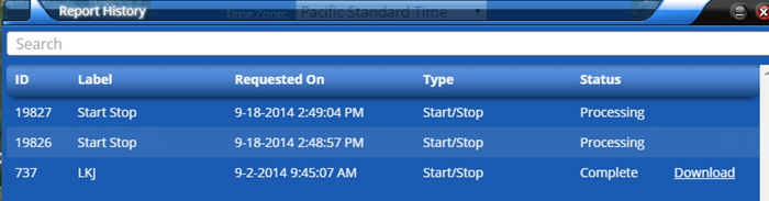 Report history shows status of reports requested for download