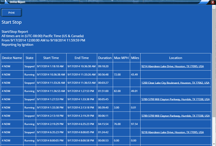 Online Start/Stop Report Output