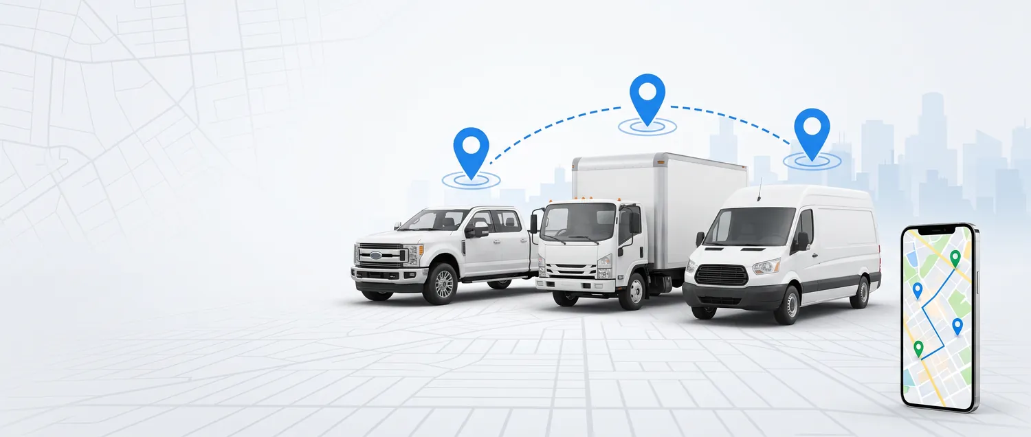 White pickup truck, box truck and cargo van tracked live with GPS location pins